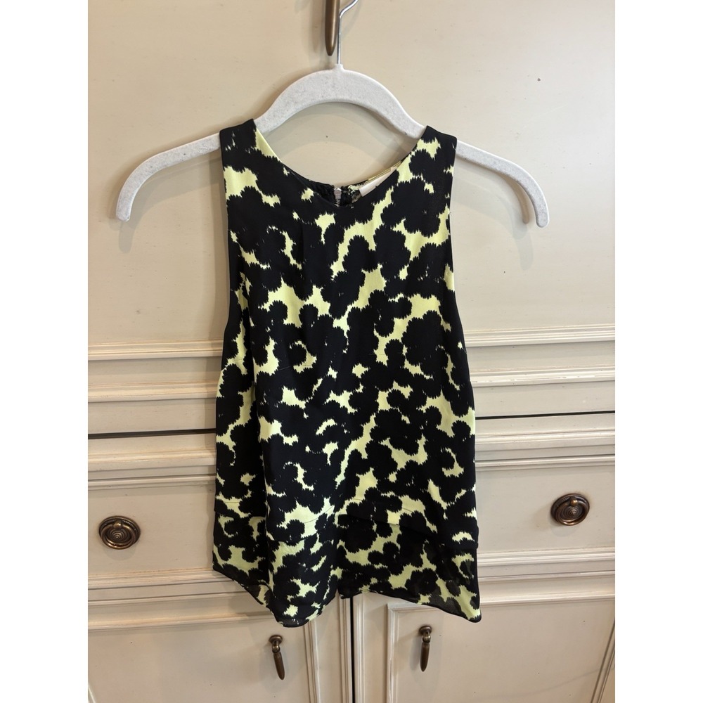 A.L.C. Animal Print Silk Sleeveless Blouse Black Yellow Full Back Zip 6
